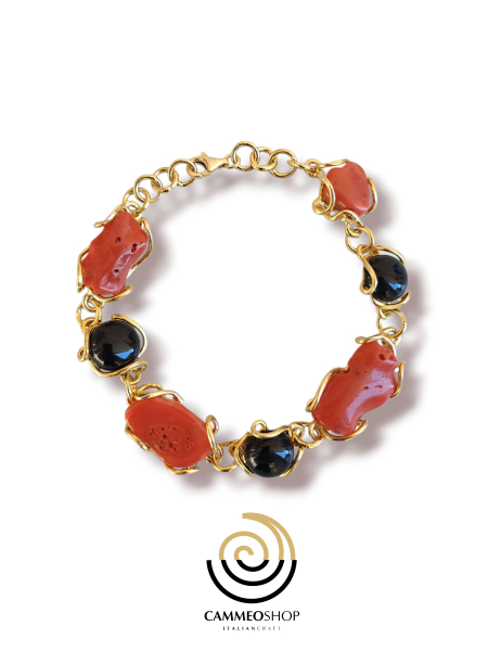 bracciale in argento dorato con corallo rosso