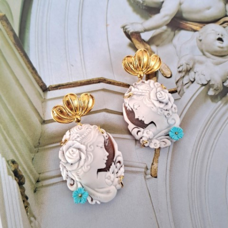 orecchini argento dorato con cammei e fiore turchese