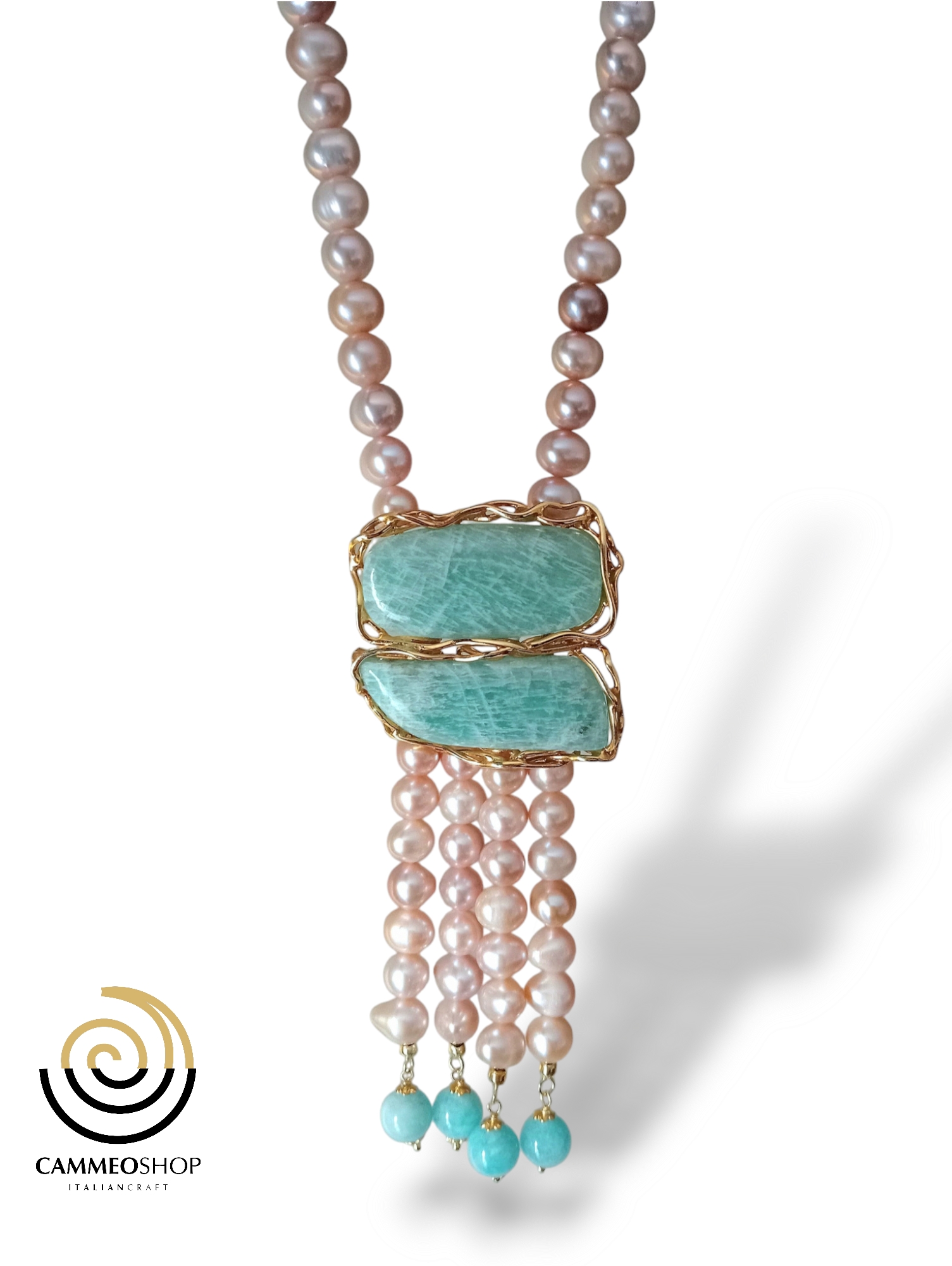 Collier En Amazzonite, Perles Et Argent 925 - Longueur ~80 Cm - Fabriqué En Italie - Neuf