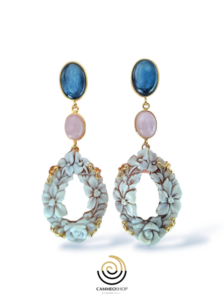 orecchini con cammei e pietre di cianite e kunzite