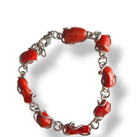 bracciale con pietre di corallo rosso e argento