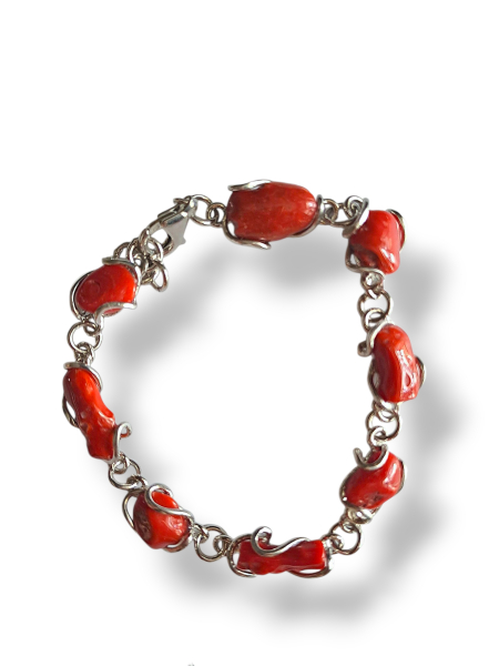 bracciale con pietre di corallo rosso e argento