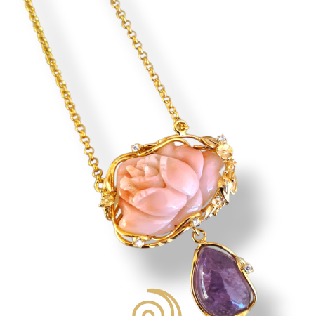 collana argento dorato con fiore di corallo e goccia di ametista