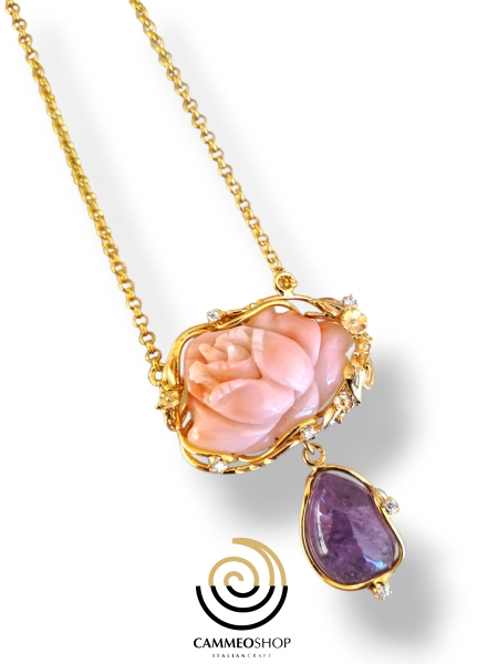 collana argento dorato con fiore di corallo e goccia di ametista