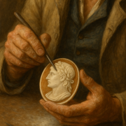 rappresentazione artistica o immagine illustrativa generata con AI che raffigura un artigiano intento a rifinire un suo cammeo