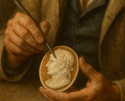rappresentazione artistica o immagine illustrativa generata con AI che raffigura un artigiano intento a rifinire un suo cammeo