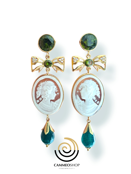 orecchini con cammei e argento dorato con agata verde