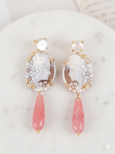 orecchini con cammei e perle con agata rossa